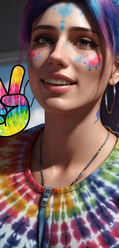 Smiling girl with colorful painted face and rainbow tie-dye shirt.