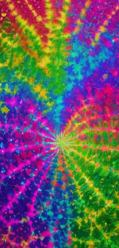 Vibrant tie-dye spiral wallpaper with rainbow colors.