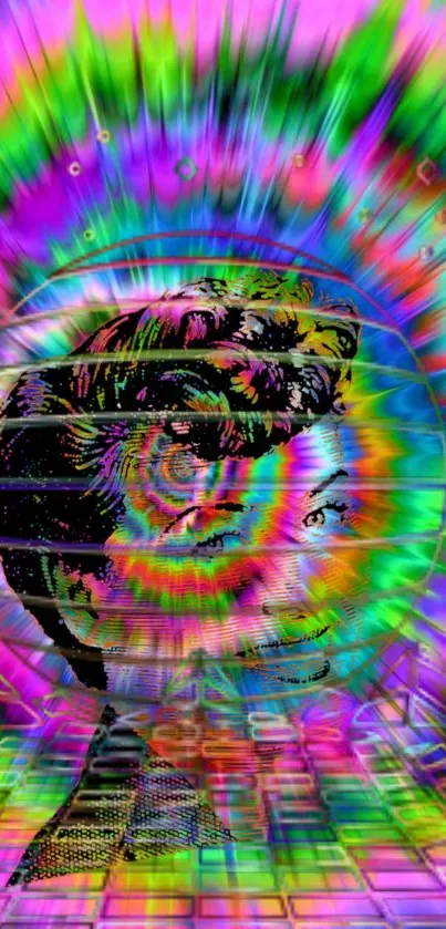 Vibrant spiral pattern with rainbow colors bursting outward.