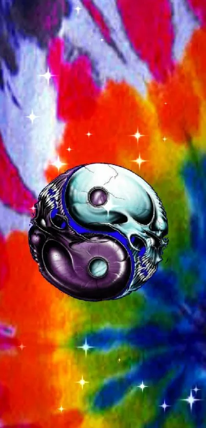 Vibrant tie-dye mobile wallpaper featuring a 3D yin-yang symbol.