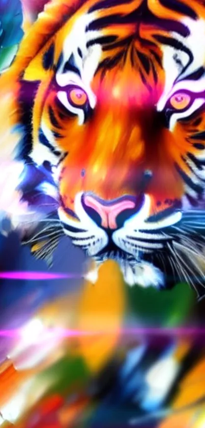 Colorful abstract tiger design with vivid orange and diverse hues.