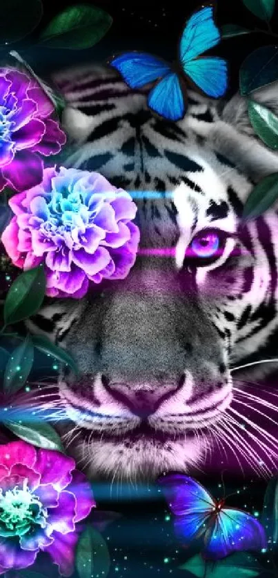 Tiger face with vibrant flowers and blue butterflies on a black background.