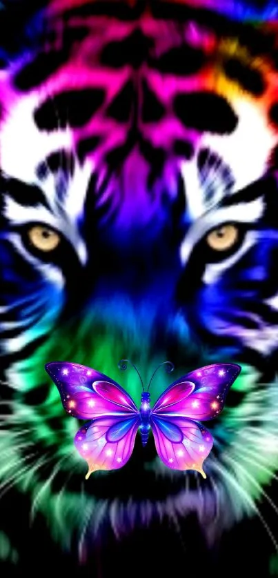 Vibrant tiger and butterfly mobile wallpaper with colorful design.