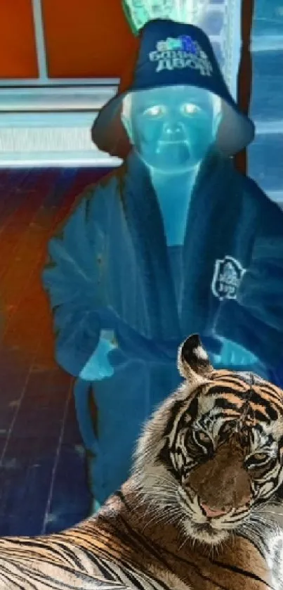 Creative wallpaper featuring a tiger and a blue-toned child in artistic style.