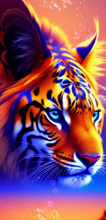 Vibrant digital artwork of a tiger and cub with colorful background.