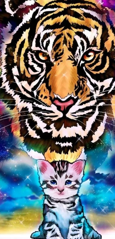 Vibrant artistic wallpaper featuring a tiger and kitten in a colorful scene.