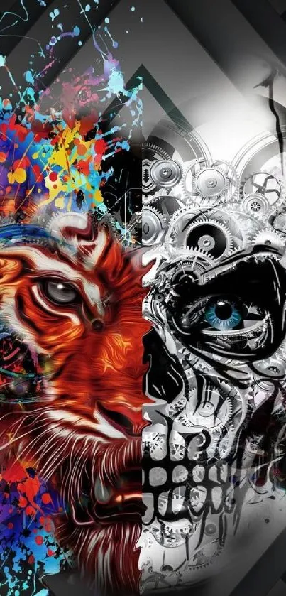 Colorful tiger and skull art as mobile wallpaper.