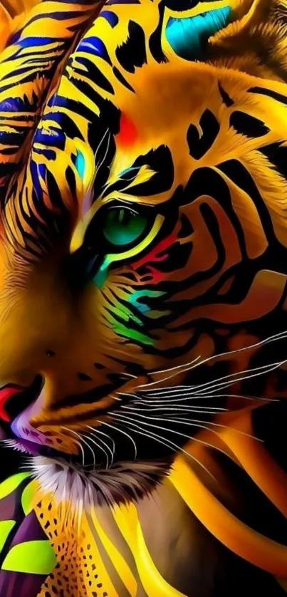 Vibrant psychedelic tiger illustration with colorful stripes.