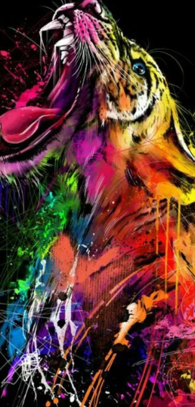 Vibrant abstract tiger art with colorful splashes on black background.