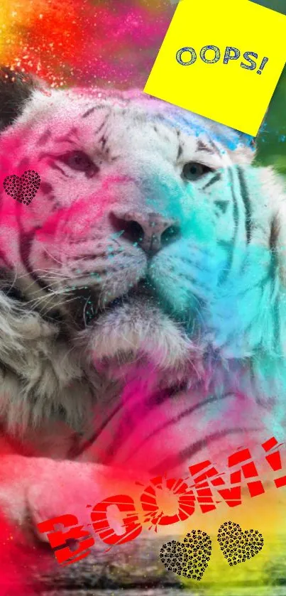 Colorful tiger wallpaper with playful text overlay and vibrant hues.