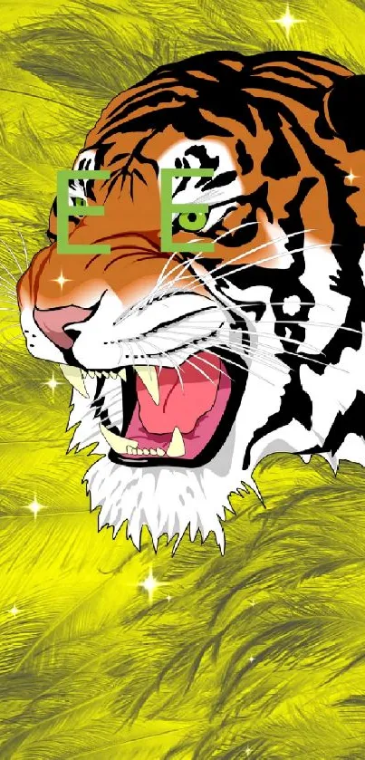 Vibrant tiger art with a yellow background for mobile wallpaper.