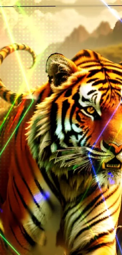 Vibrant tiger art with neon effects in a jungle setting wallpaper.