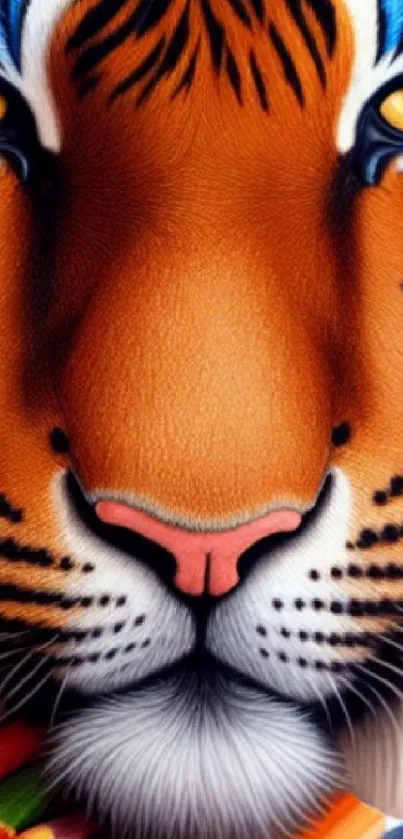 Vibrant illustrated tiger with colored pencils.