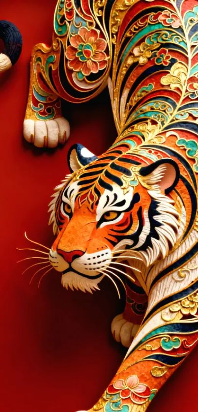Ornate floral tiger on vibrant red background.