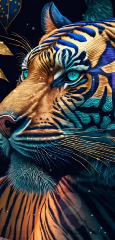 Colorful artistic tiger wallpaper with navy blue background.