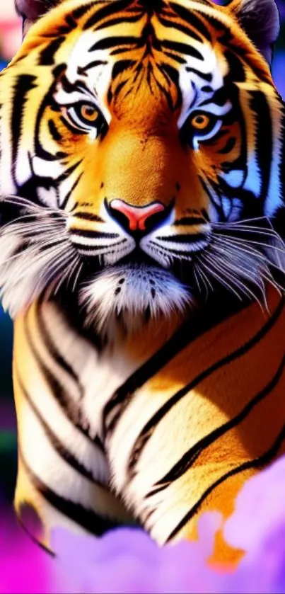 Vivid tiger amidst colorful blossoms in a striking mobile wallpaper.