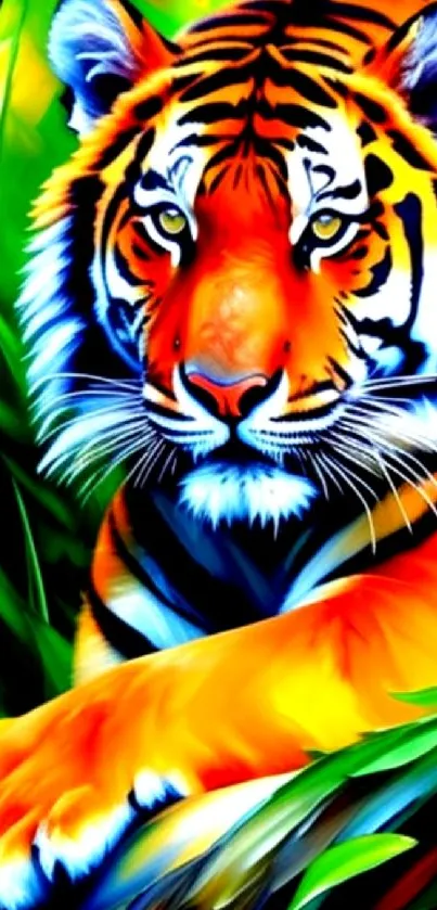 Tiger in colorful jungle art wallpaper with vibrant orange and green hues.