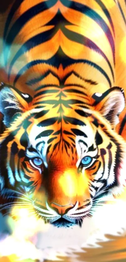 Vibrant tiger with blue eyes in artistic mobile wallpaper.