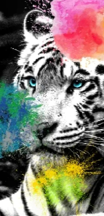 Tiger with colorful splashes in vibrant wallpaper design.