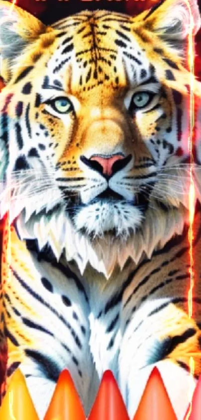 Fierce tiger with vibrant orange fiery background.