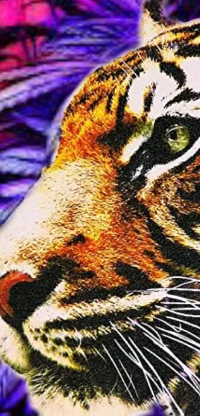 Colorful tiger face with vibrant purple background.