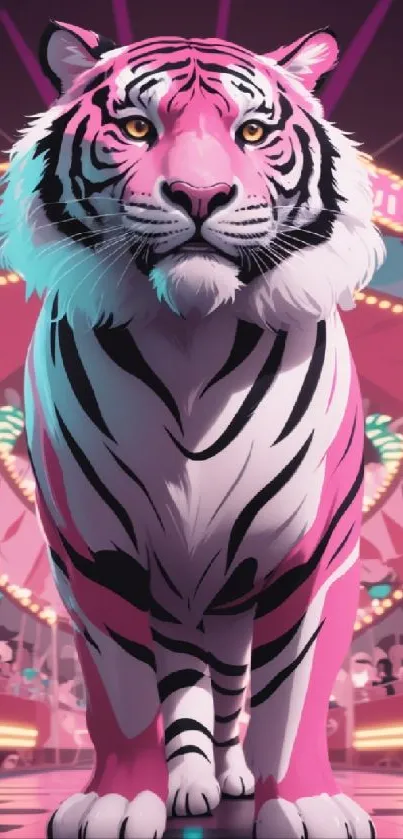 Neon pink and white tiger with city backdrop.