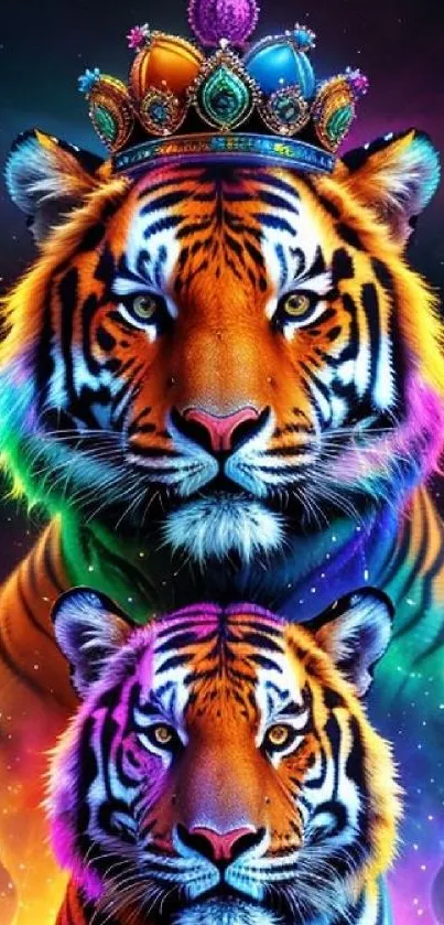 Colorful, crowned tiger with a rainbow mane on a mobile wallpaper.