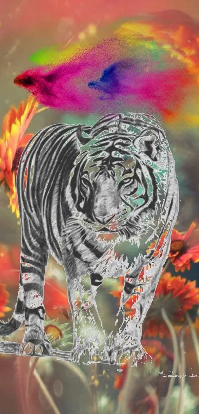 Artistic tiger with vibrant floral backdrop and colorful patterns.