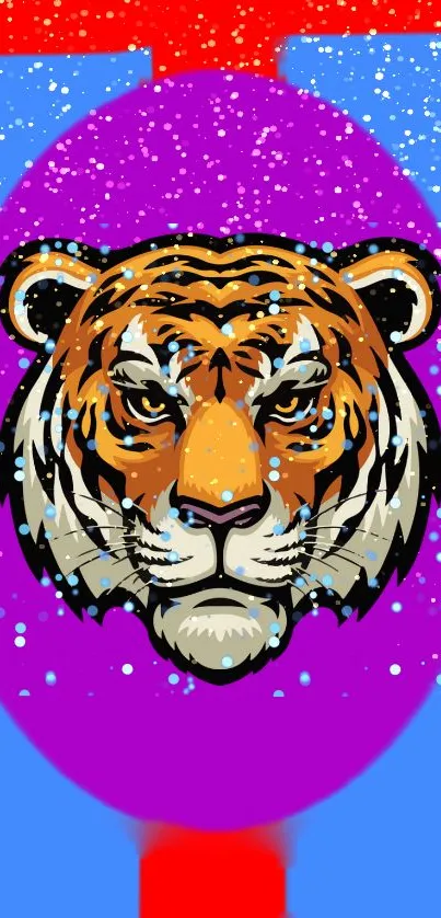 Vibrant tiger illustration on a purple and blue background with snow-like dots.