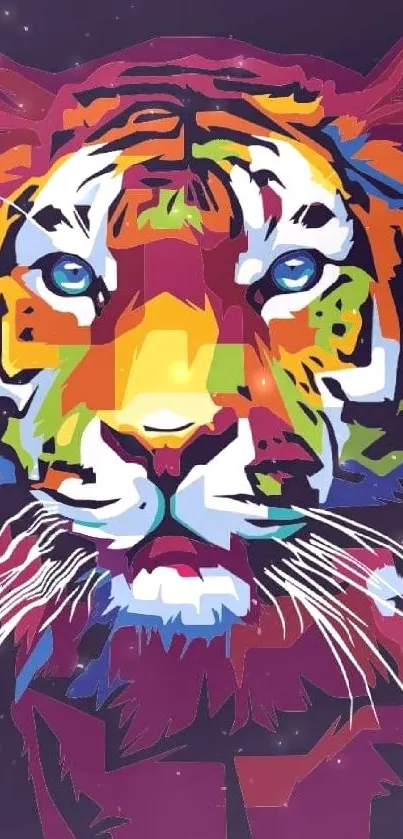 Colorful polygonal tiger head on dark purple background.