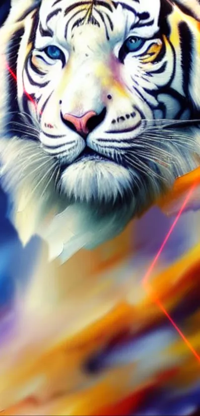 Majestic white tiger with colorful abstract background.