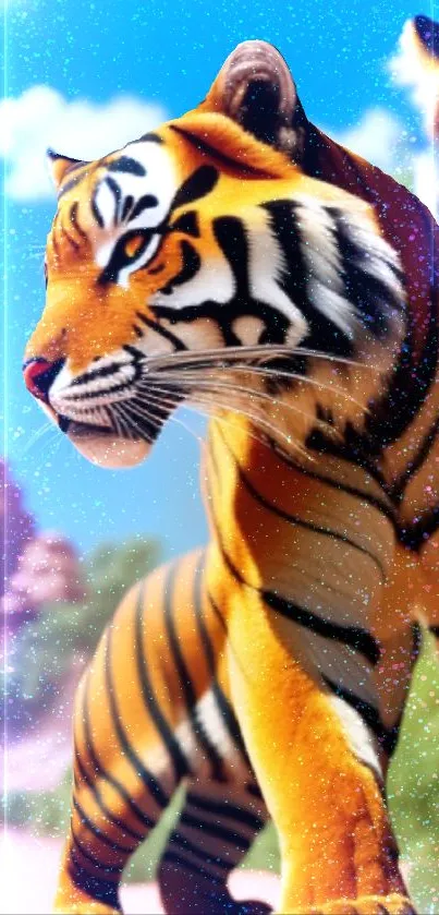 A vibrant digital art wallpaper of a majestic tiger with an orange and blue background.