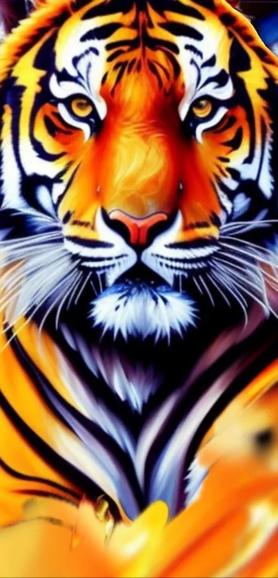 Vibrant tiger face art in orange and black hues on a mobile wallpaper.