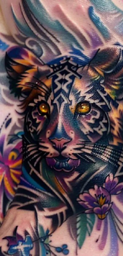 Colorful tiger art design with intricate patterns.