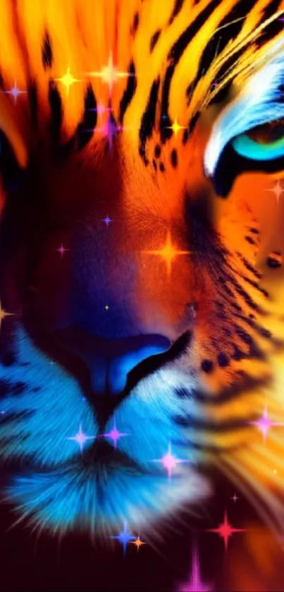 Vibrant digital tiger art with orange and blue hues.