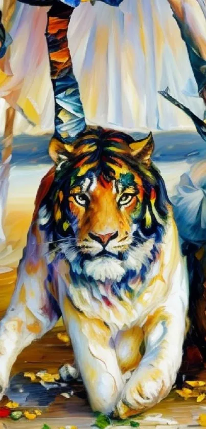 Colorful abstract painting of a tiger in nature with vibrant colors.