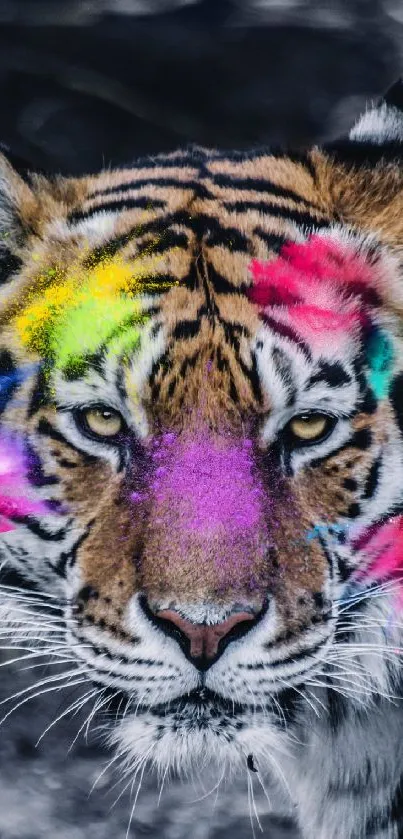 Majestic tiger with colorful paint splashes on its face, in an artistic wallpaper design.