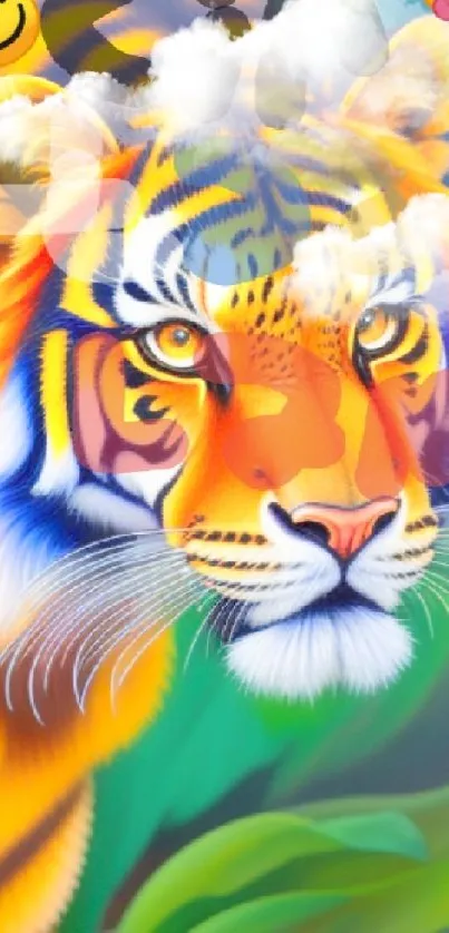 Vibrant tiger art with colorful jungle background and playful emojis.