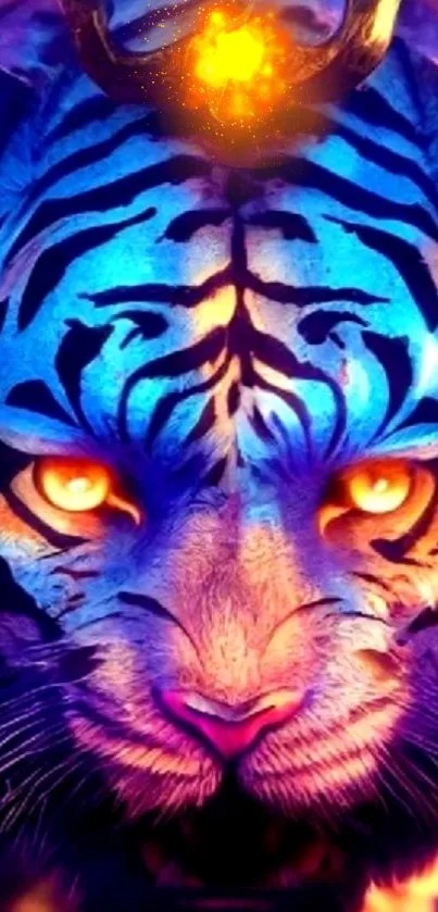 Vibrant blue and orange tiger digital artwork wallpaper.