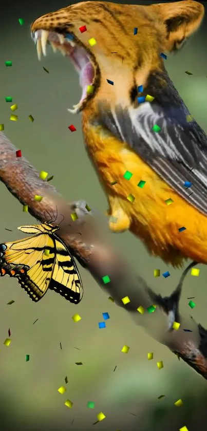 Fantasy tiger-bird with vibrant colors and confetti.