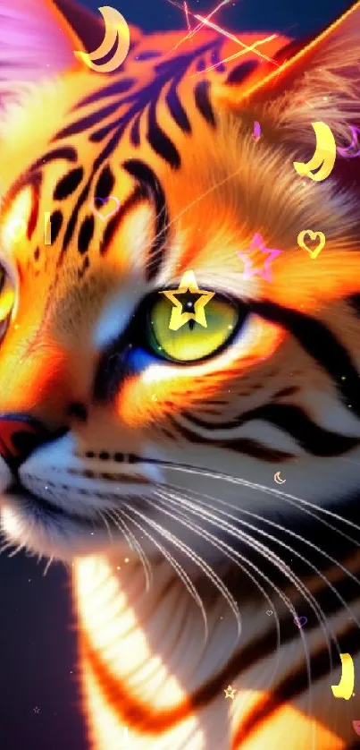 Vibrant tiger-striped cat with expressive eyes in an artful design.