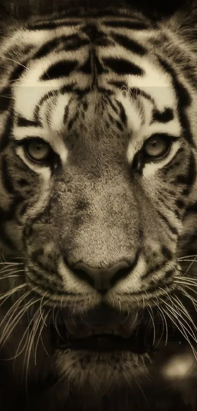 Close-up of a majestic tiger in sepia tones for mobile wallpaper.