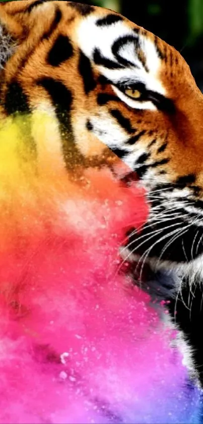 Vibrant tiger with colorful burst effect mobile wallpaper.