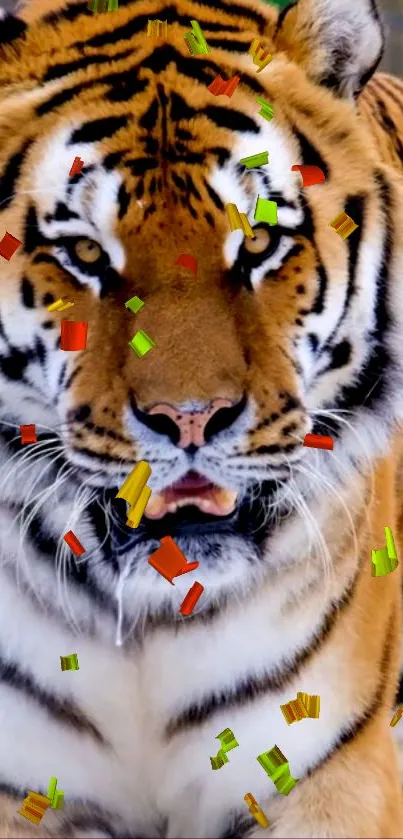 Majestic tiger with colorful confetti overlay on orange background.