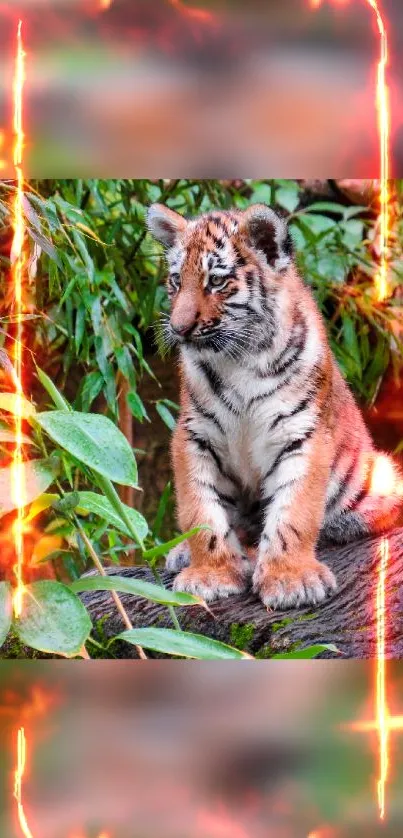 Tiger cub with vibrant orange and green forest background.