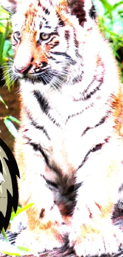 Vibrant tiger cub sitting in lush jungle setting, perfect as a mobile wallpaper.