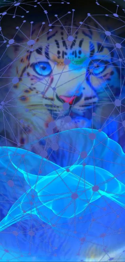 Digital art of a tiger with neon blue network patterns as a phone wallpaper.