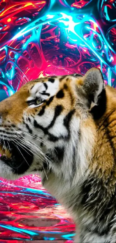 Tiger amid neon abstract digital art background.