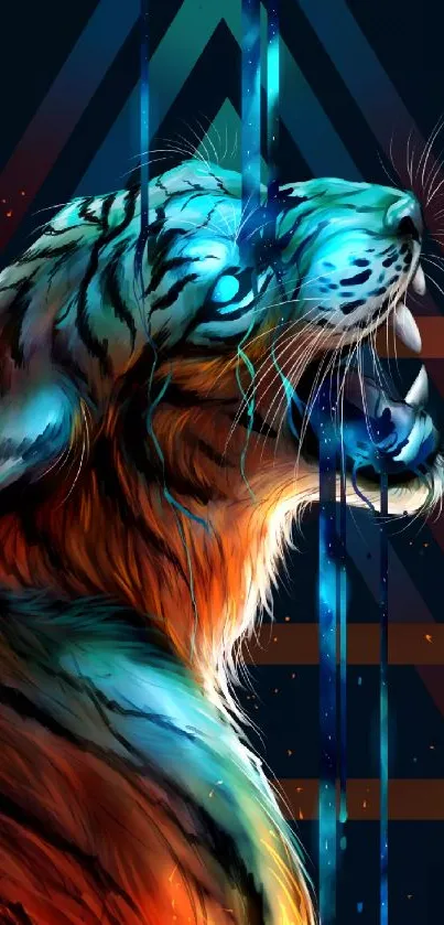 Vibrant digital art of a tiger with geometric background.