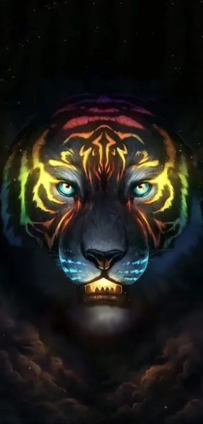 Vibrant digital art of a tiger with glowing eyes on a dark background.